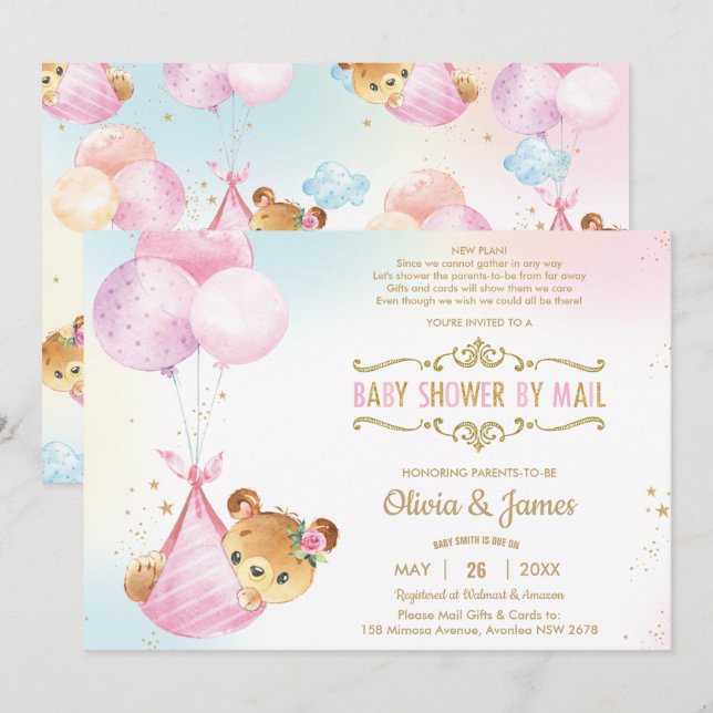 Virtuell babystövel för Cute Baby Bear Girl by Mai Inbjudningar (Fram/baksida)