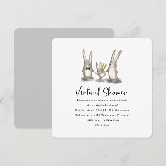 Virtuell babystövel för Cute Bunny-familjen Inbjudningar (Fram/baksida)