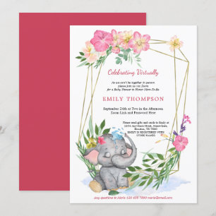 Virtuell babystövel för Cute Elephant Blommigt Geo Inbjudningar