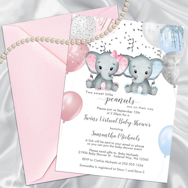 Virtuell babystövel för Cute Elephant Twillingars  Inbjudningar (Cute Elephant Twins Balloon Virtual Baby Shower Invitation)