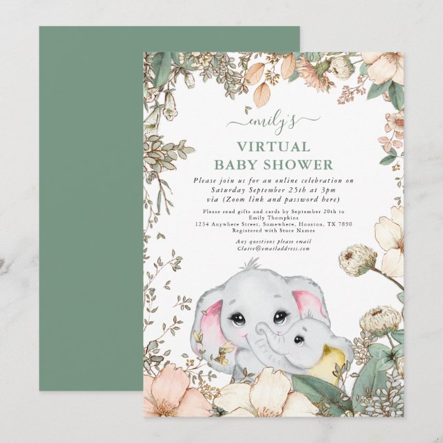 Virtuell babystövel för cute Elephants-blommor Inbjudningar (Fram/baksida)