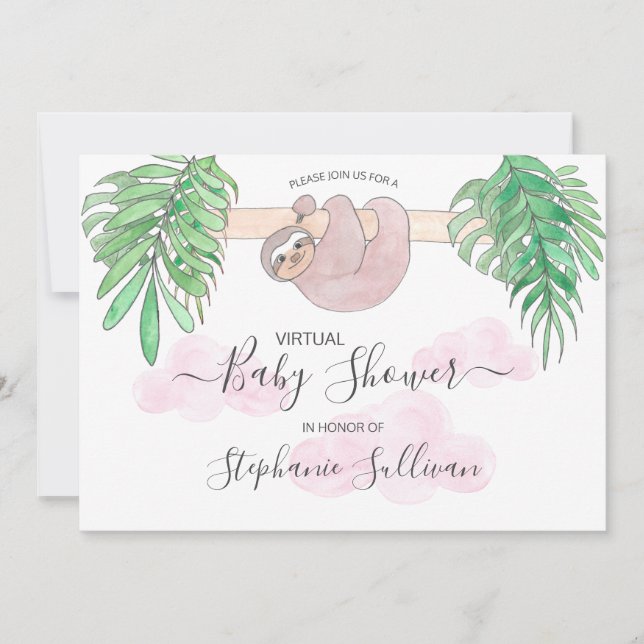 Virtuell babystövel för Cute Flicka Sloth Inbjudningar (Framsida)