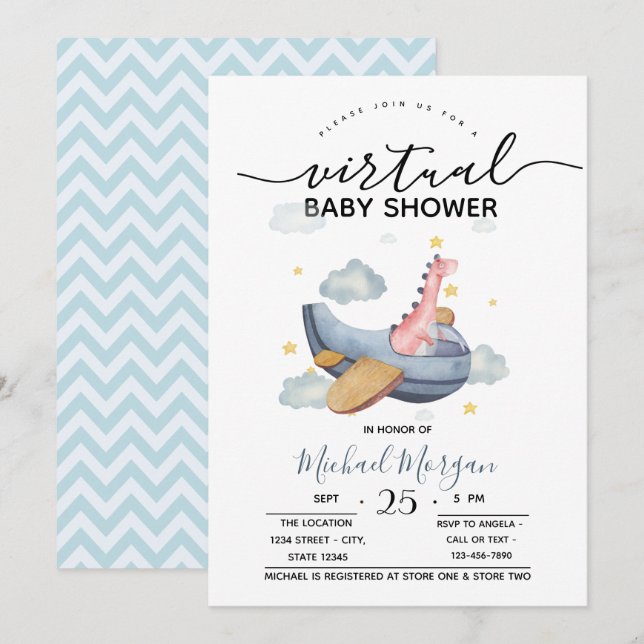 Virtuell babystövel för flygplan Dino Zigzag Inbjudningar (Fram/baksida)