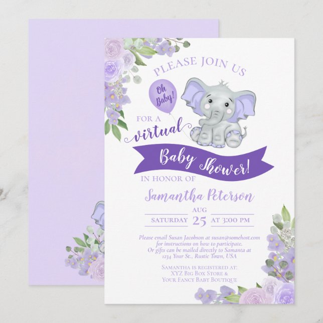 Virtuell babystövel för Lavender Elephant & Blommi Inbjudningar (Fram/baksida)