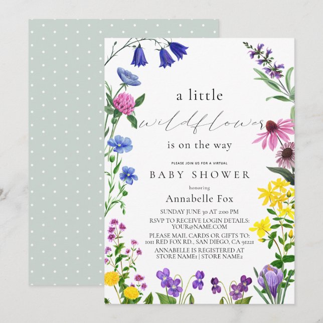 Virtuell babystövel för Little Wildblomskript Inbjudningar (Fram/baksida)