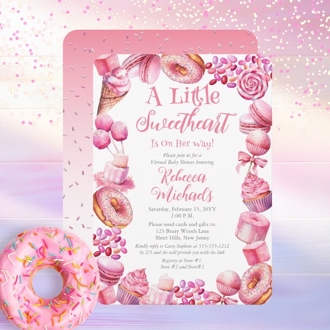 Virtuell babystövel för Ram Inbjudningar ("A Little Sweetheart Is On Her Way" Pink Candy and Bakery Treat Frame Virtual Baby Shower Invitation)
