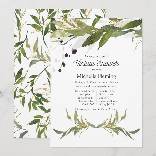 Virtuell babystövel för vattenfärgsblad i Greenerg Inbjudningar (Fram/baksida)