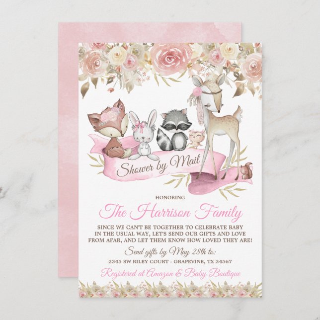 Virtuell babystövel för  Woodland Animals Inbjudningar (Fram/baksida)