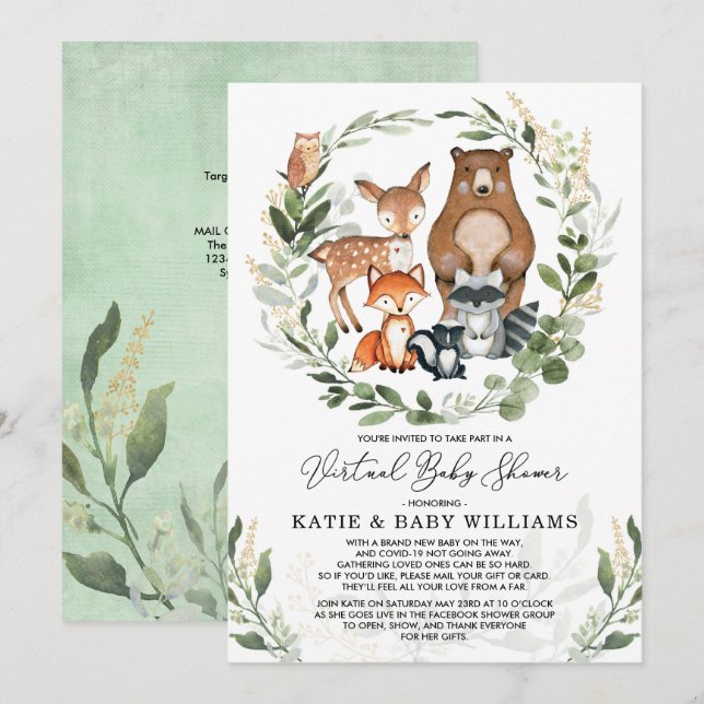 Virtuell babystövel | Greenery Woodland Animals Inbjudningar (Fram/baksida)