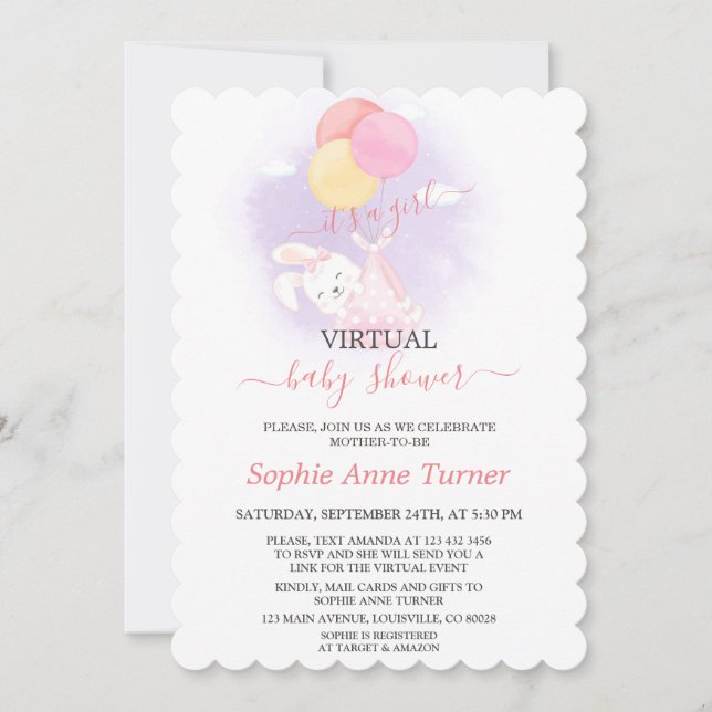 Virtuell babystövel i Cute Bunny Balloons Girl Inbjudningar (Framsida)