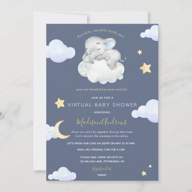 Virtuell babystövel Twinkle Little Star Elephant Inbjudningar (Framsida)