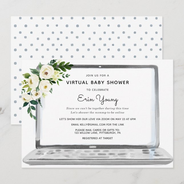 Virtuell bärbar babyåkare med vita blommor inbjudningar (Fram/baksida)