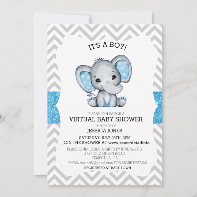 Virtuell blå elefant-chevron glitter baby shower inbjudningar (Framsida)