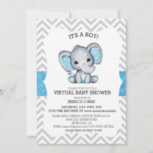 Virtuell blå elefant-chevron glitter baby shower inbjudningar