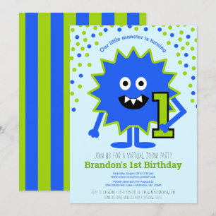 Virtuell Blue Cute Little Monster Boy 1:a födelsed Inbjudningar