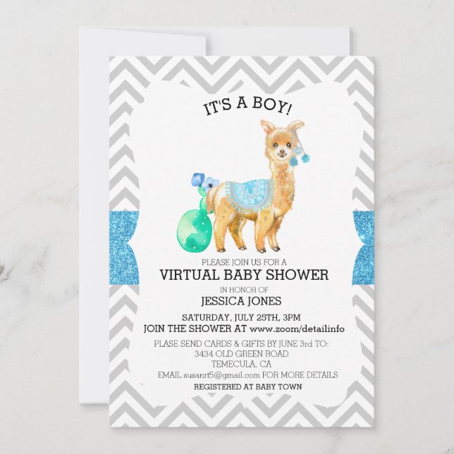 Virtuell Blue Llama Chevron Glitter Baby Shower Inbjudningar (Framsida)