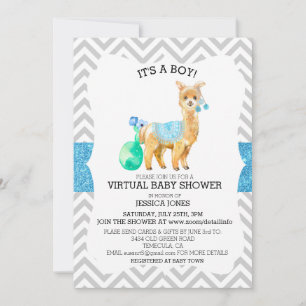 Virtuell Blue Llama Chevron Glitter Baby Shower Inbjudningar