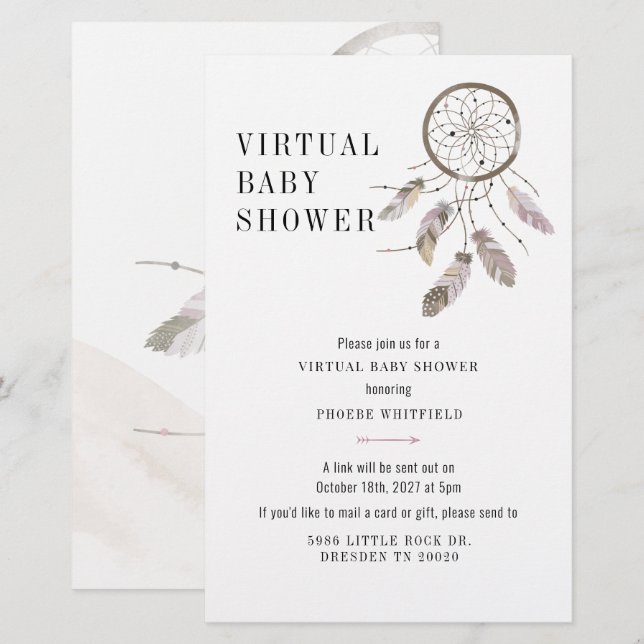 Virtuell Boho Dream Catcher inbjudan till babyvisn Brevpapper (Fram/baksida)