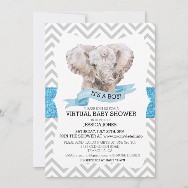 Virtuell Boy Elephant Chevron Glitter Baby Shower Inbjudningar (Framsida)