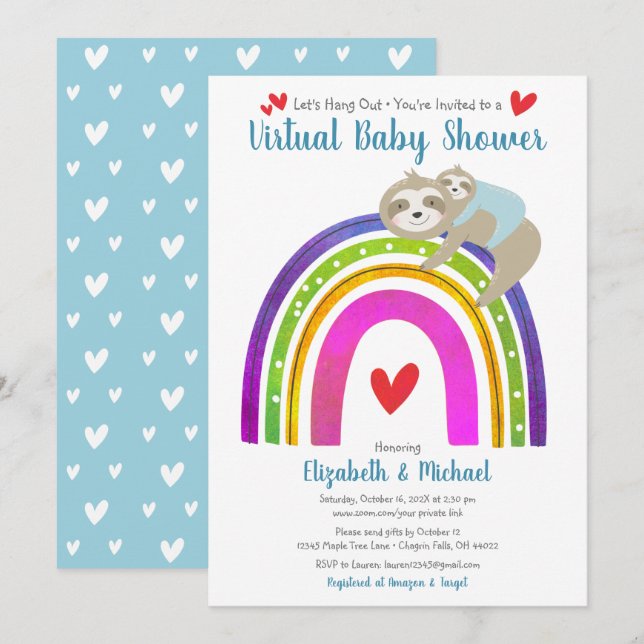 Virtuell Boy Shower Cute Sloths & Boho Rainbow Inbjudningar (Fram/baksida)