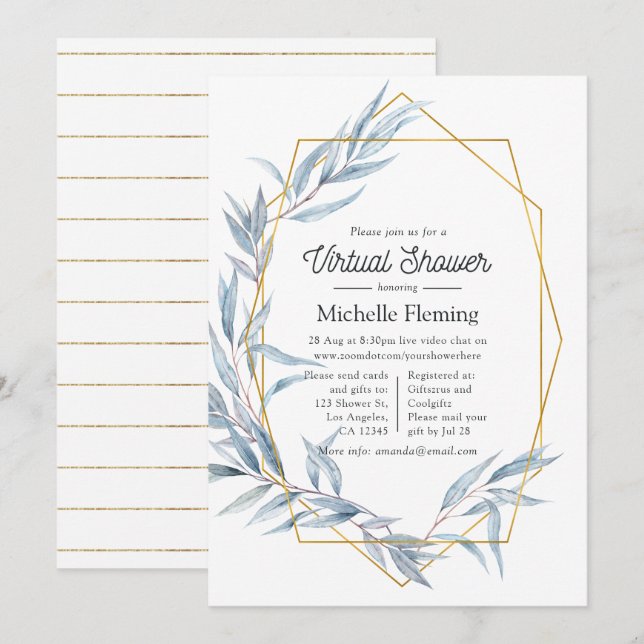 Virtuell dusch för blått och Guld Geometric Eucaly Inbjudningar (Fram/baksida)