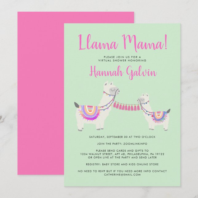 Virtuell dusch för Cute Llama Mamma Shock rosa Grö Inbjudningar (Fram/baksida)
