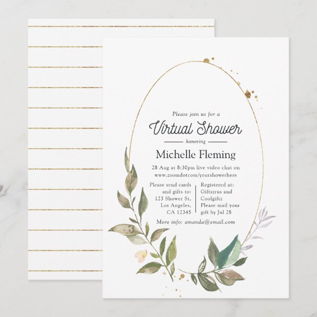 Virtuell dusch för Serenity Greenery Geometric Inbjudningar (Fram/baksida)