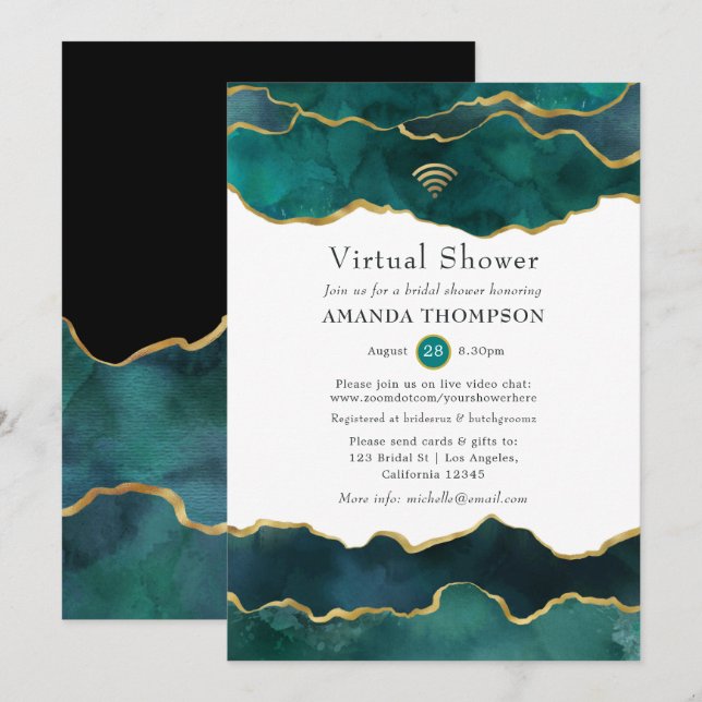 Virtuell dusch för Teal och Guld Geode Agate Stone Inbjudningar (Fram/baksida)
