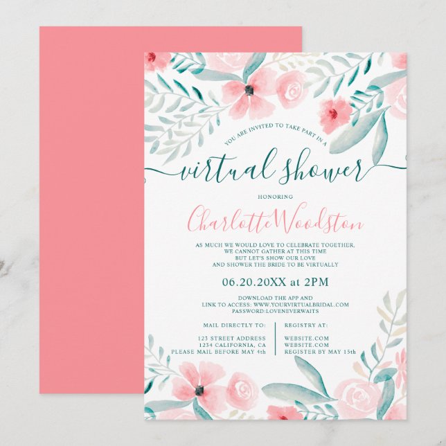 Virtuell dusch för vattenfärgskript för korallfärg inbjudningar (Fram/baksida)