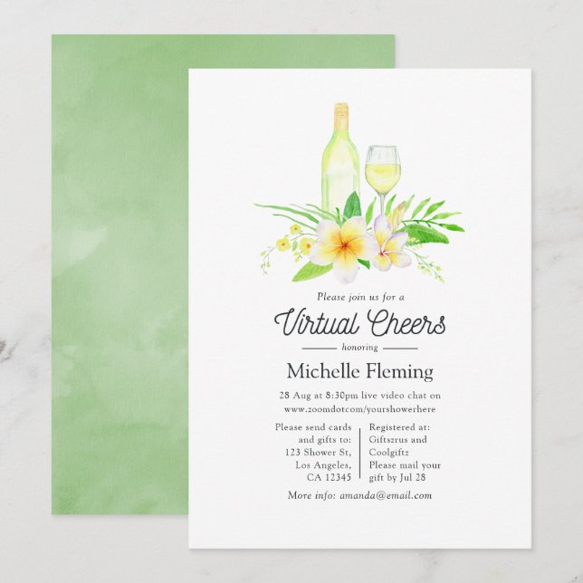 Virtuell dusch för Vin-tostning för exotisk Blommi Inbjudningar (Fram/baksida)