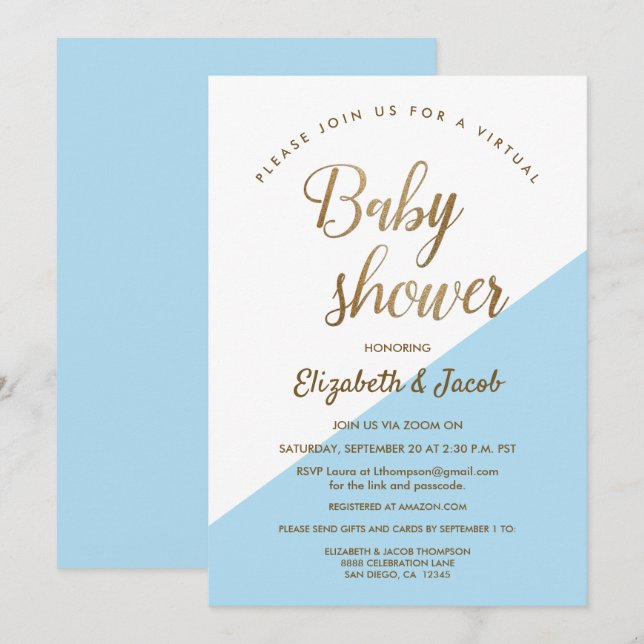 Virtuell Dusty Blue Modern Baby Shower Inbjudningar (Fram/baksida)