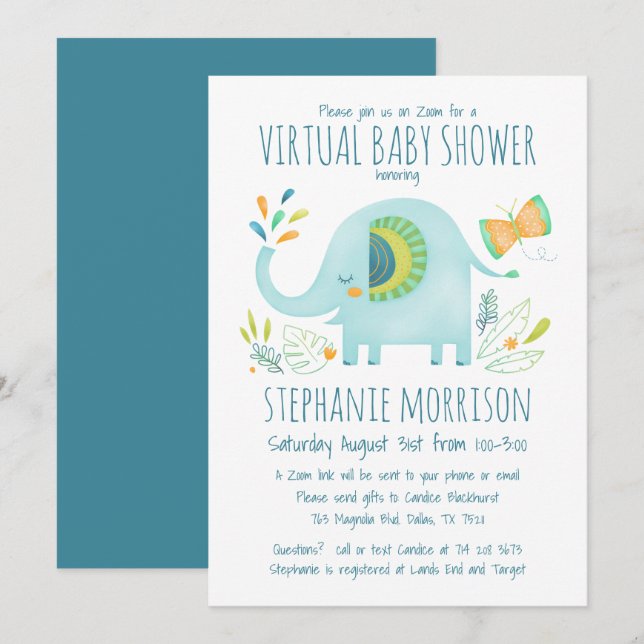 Virtuell elefant Blue Boy Cute Jungle Baby Shower Inbjudningar (Fram/baksida)