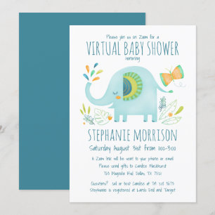 Virtuell elefant Blue Boy Cute Jungle Baby Shower Inbjudningar
