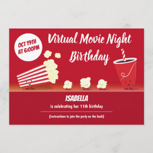 Virtuell filmkvälls födelsedagspopcorn tecknad fil inbjudningar