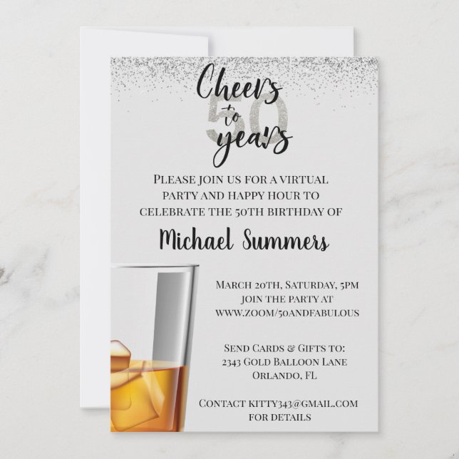 Virtuell Födelsedag Fest Cheers to 50 Years Inbjudningar (Framsida)