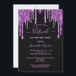 Virtuell födelsedag glitter dropp svart lila glam inbjudningar<br><div class="desc">En giftig och feminin 21:a (eller någon ålder) virtuella födelsedagsfest inbjudan. På framsidan: En svart bakgrund för chicen. Dekoreras med mörk lila faux glitter drops, färgdroppstift. Anpassa och lägg till information om namn och party. Namn är skrivet med ett handskript stil, light lila färgad brev. Bakåt: Svart bakgrund och faux...</div>