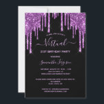 Virtuell födelsedag glitter dropp svart lila glam inbjudningar<br><div class="desc">En giftig och feminin 21:a (eller någon ålder) virtuella födelsedagsfest inbjudan. På framsidan: En svart bakgrund för chicen. Dekoreras med mörk lila faux glitter drops, färgdroppstift. Anpassa och lägg till information om namn och party. Namn är skrivet med ett handskript stil, light lila färgad brev. Bakåt: Svart bakgrund och faux...</div>