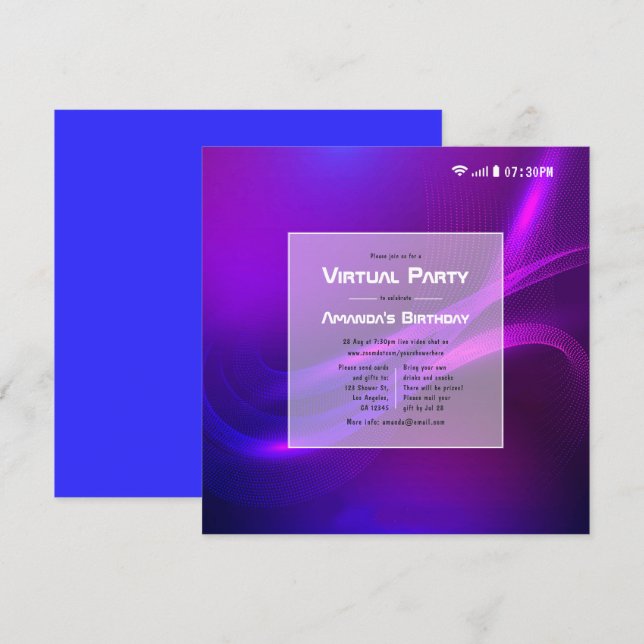 Virtuell Födelsedagsfest för futuristiska glöd Inbjudningar (Fram/baksida)