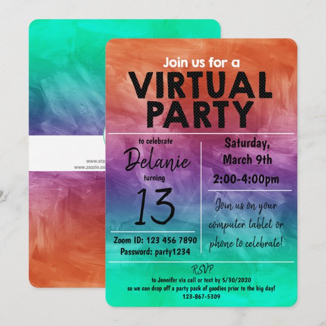 Virtuell födelsedagsfest Vattenfärgsdesign Inbjudningar (Fram/baksida)