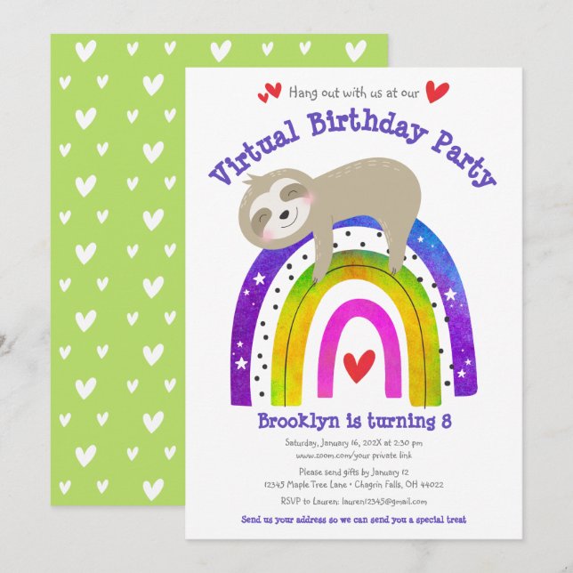 Virtuell födelsedagstjute Sloth Boho Rainbow Moder Inbjudningar (Fram/baksida)