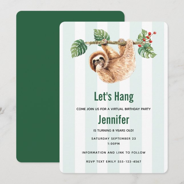 Virtuell för Cute Sloth Hängning uppåt och nedåt v Inbjudningar (Fram/baksida)