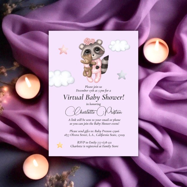 Virtuell för Raccoon Baby Shower Lavender Inbjudningar (Gentle Raccoon Animal Girl Baby Shower Virtual Invitation)