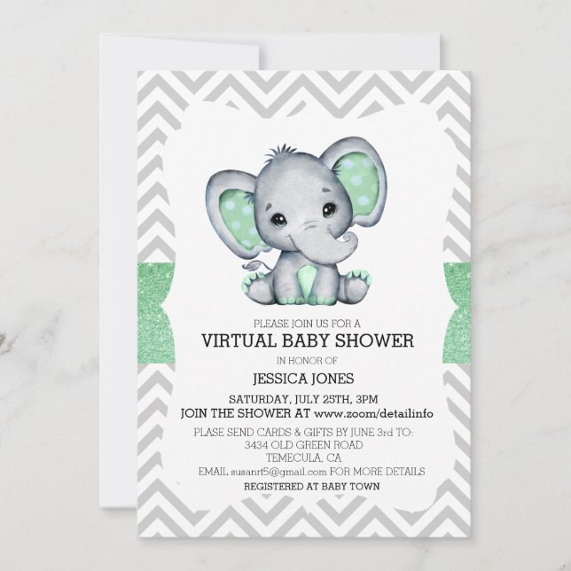 Virtuell grön elefant-chevron glitter baby shower inbjudningar (Framsida)
