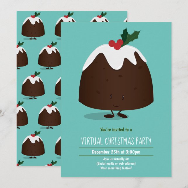 Virtuell jul Party Pudding Helgdag Teal White Inbjudningar (Fram/baksida)
