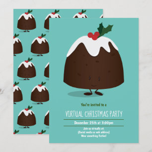 Virtuell jul Party Pudding Helgdag Teal White Inbjudningar