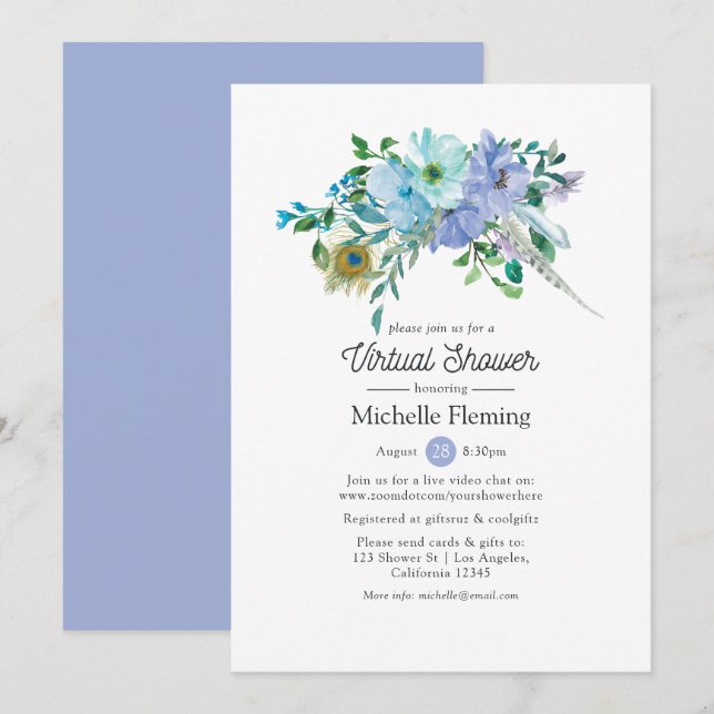 Virtuell Möhippa för Mint och Blue Boho eller Baby Inbjudningar (Fram/baksida)