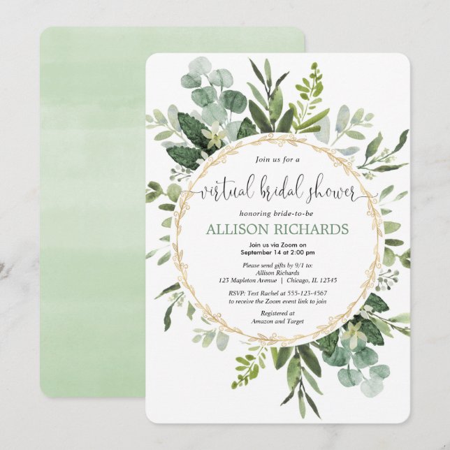 Virtuell möhippa grenery guld eucalyptus inbjudningar (Fram/baksida)