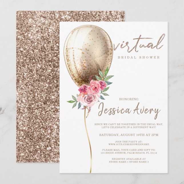 Virtuell Möhippa Luxury Beige Balloon Glitter Inbjudningar (Fram/baksida)