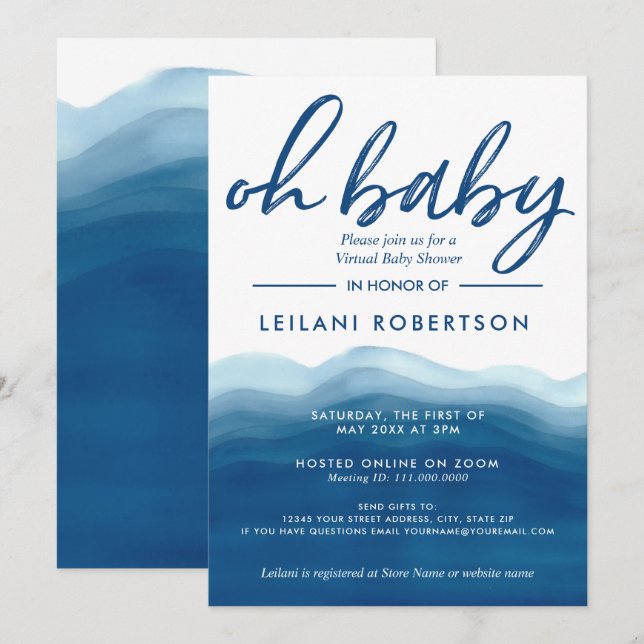 Virtuell OBaby blue  ombre Watercolor Baby Shower Inbjudningar (Fram/baksida)