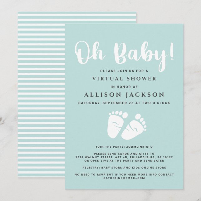 Virtuell Oh Baby Shower Baby Feet Light Mint White Inbjudningar (Fram/baksida)